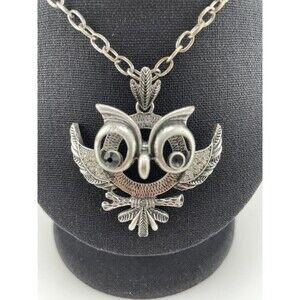 Owl Pendant Necklace  Vintage Black Eyes 32” Chain 3D